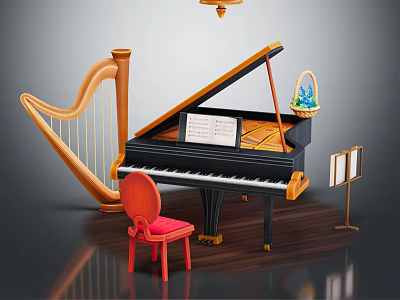Musical Instruments and Art Supplies Setup with Grand Piano Harp Red Chair and Music Stand 3d model