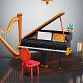 Musical Instruments and Art Supplies Setup with Grand Piano Harp Red Chair and Music Stand