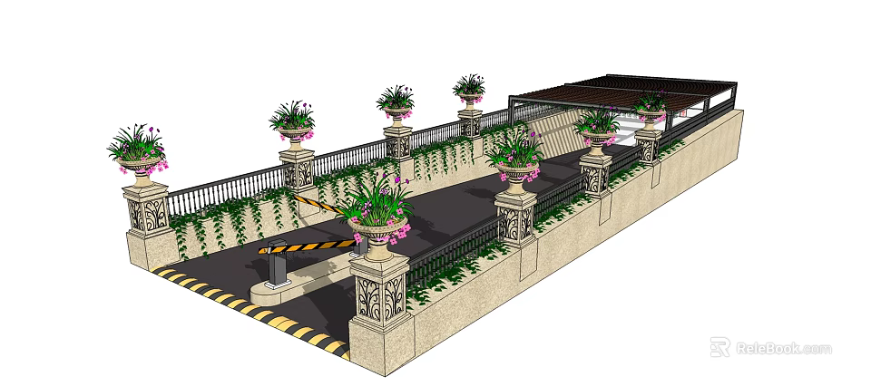 Entrance Design With Stone Pillars Flower Pots Green Plants Pink Flowers And Black Railings 3d model 