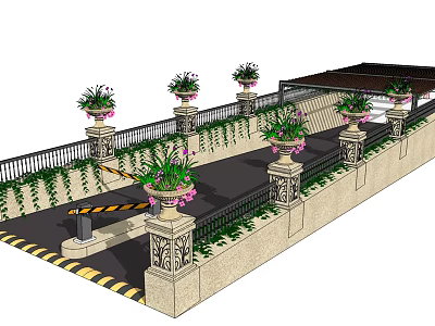 Entrance Design With Stone Pillars Flower Pots Green Plants Pink Flowers And Black Railings 3d model