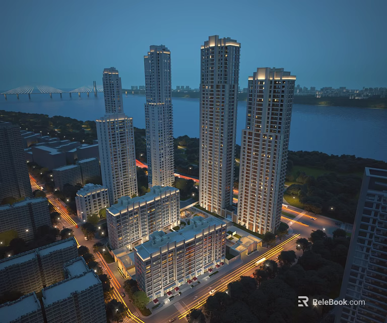 Aerial Planning of Modern High Rise Residential Complex with River Bridge Roads and Green Areas 3d model 