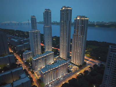 Aerial Planning of Modern High Rise Residential Complex with River Bridge Roads and Green Areas 3d model