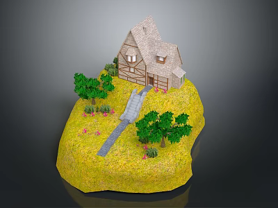 Cartoon Scene Featuring Small House On Yellow Grass With Green Trees Pathway And Pink Flowers 3d model