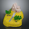 Cartoon Scene Featuring Small House On Yellow Grass With Green Trees Pathway And Pink Flowers