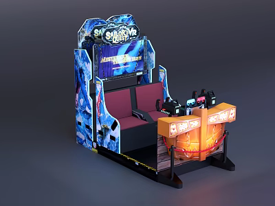 Two Player Amusement Machine With Red Seats Control Joysticks Upper Display Screen And Illuminated Panel 3d model