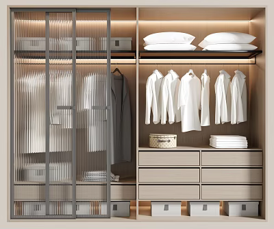 Modern Wardrobe Interior Design With Hanging White Shirts Folded Pillows And Storage Drawers 3d model