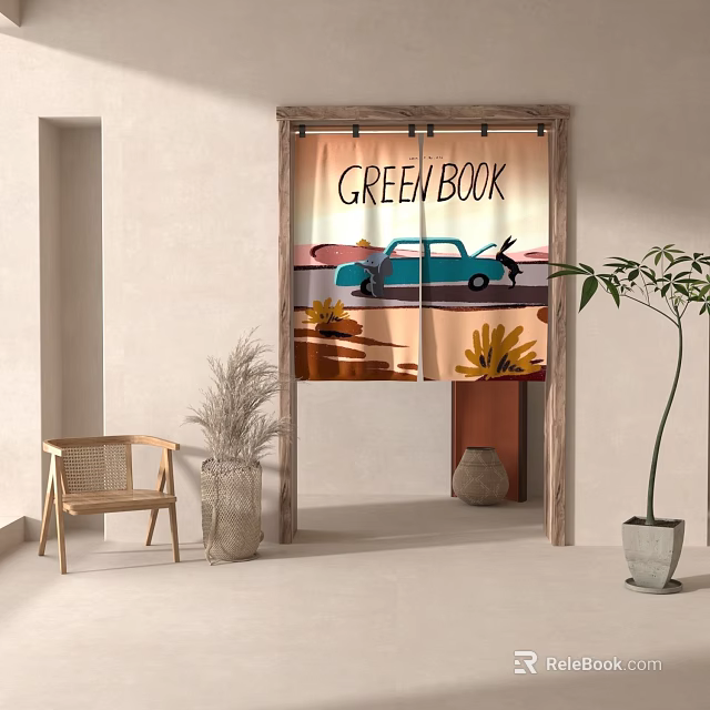 Decorative Curtain with Green Book Print Blue Car Figure and Yellow Flowers Design 3d model 