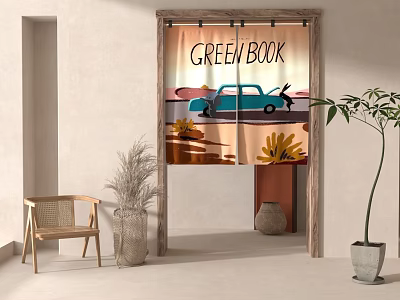 Decorative Curtain with Green Book Print Blue Car Figure and Yellow Flowers Design 3d model