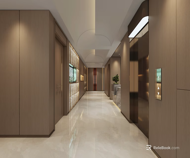 Modern Hotel Corridor Interior With Wooden Walls Marble Floor Elevator Doors And Bright Lighting 3d model 