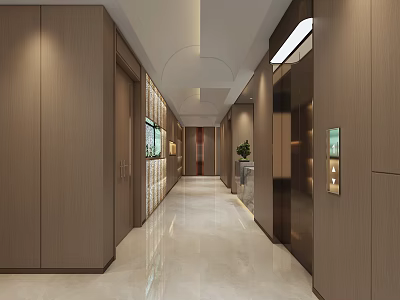 Modern Hotel Corridor Interior With Wooden Walls Marble Floor Elevator Doors And Bright Lighting 3d model