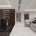 Elegant Modern Living And Dining Room Interior With Marble Floor And Comfortable Sofa Chairs