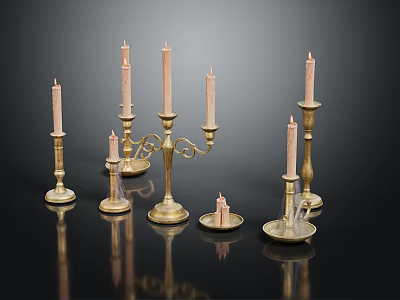 Decorative Brass Candle Holders with Classic Design and Multiple Styles on Shiny Tabletop 3d model