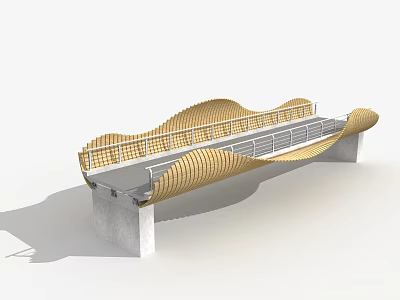 Modern Wavy Bridge Design With Wooden Railings And Concrete Piers 3d model