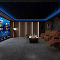 Modern Home Theater Room With Starry Ceiling And Brown Leather Sofas 3d model
