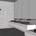 Modern Public Restroom With Marble Countertops Black Sinks Large Mirrors And Green Plants