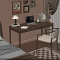 Cozy Bedroom Wooden Desk With Chair Lamp Laptop And Framed