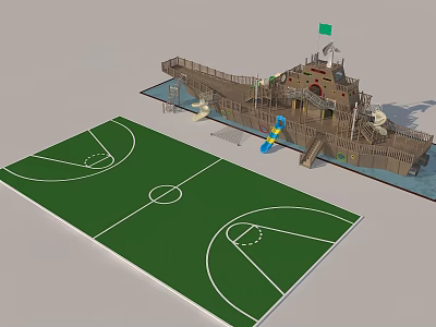 Ship Shaped Playground Equipment With Slide Basketball Court And Soccer Field 3d model