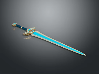 Ornate Fantasy Sword With Blue Blade And Golden Hilt Decorations 3d model