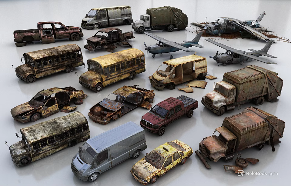 Abandoned Rusty Cars Trucks Buses And Old Airplanes In Junkyard Scene 3d model 