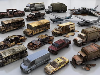 Abandoned Rusty Cars Trucks Buses And Old Airplanes In Junkyard Scene 3d model