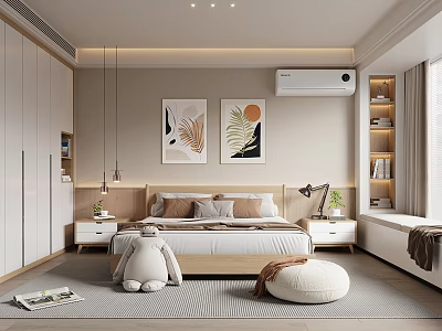 Modern Bedroom Interior With Double Bed Decorative Paintings Built in Wardrobe And Bay Window 3d model