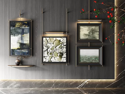 Artistic Abstract Paintings Framed on Modern Dark Wall with Decorative Plant 3d model