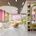 Vibrant Book Art Space With Modern Design Colorful Bookshelves Reading Area And Chairs