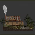 Rustic Cottage With Red Roof Smoking Chimney Surrounded By Trees And Wooden Fence