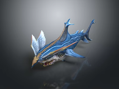 Mythical Blue Shark Game Movie Character With Wing like Fins And Colorful Stripes 3d model