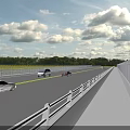Wide Road Infrastructure With Multiple Lanes White Guardrails Red Brick Sidewalk And Blue Sound Barrier