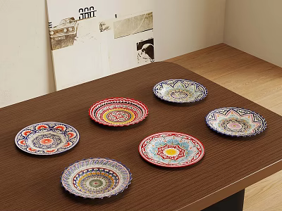 Six Decorative Vibrant Colorful Patterned Plates Arranged On Wooden Tabletop 3d model