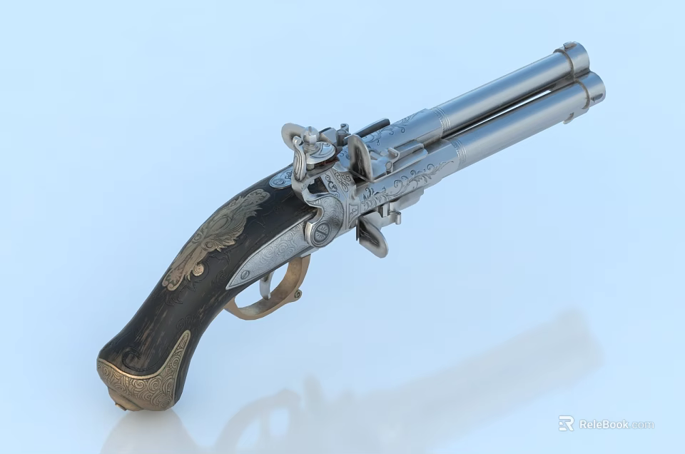 Old Fashioned Double Barreled Pistol With Silver Barrels Engraved Designs Black Grip And Golden Details 3d model 