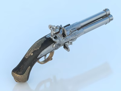 Old Fashioned Double Barreled Pistol With Silver Barrels Engraved Designs Black Grip And Golden Details 3d model