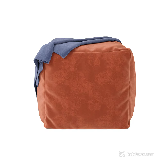 Cozy Orange Velvet Ottoman With Blue Throw For Living Room Decorative Design 3d model 