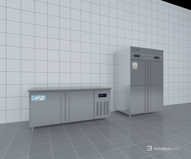 Commercial Stainless Steel Double Door Upright Refrigerator And Undercounter Freezer In Kitchen 3d model 