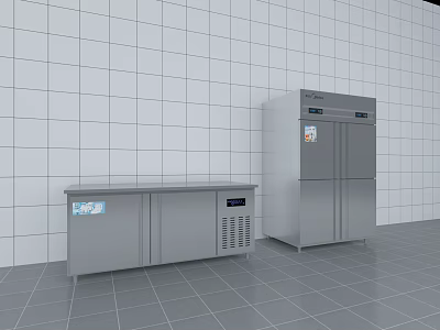 Commercial Stainless Steel Double Door Upright Refrigerator And Undercounter Freezer In Kitchen 3d model