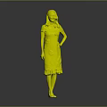 Woman in Green Dress With White Floral Patterns And Lace Hem Standing Against Gray Background