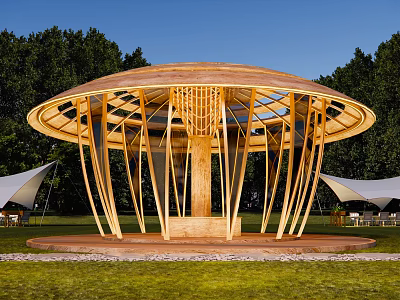 Wooden Pergola Featuring Circular Top And Radial Beams In Outdoor Grassland With Trees 3d model