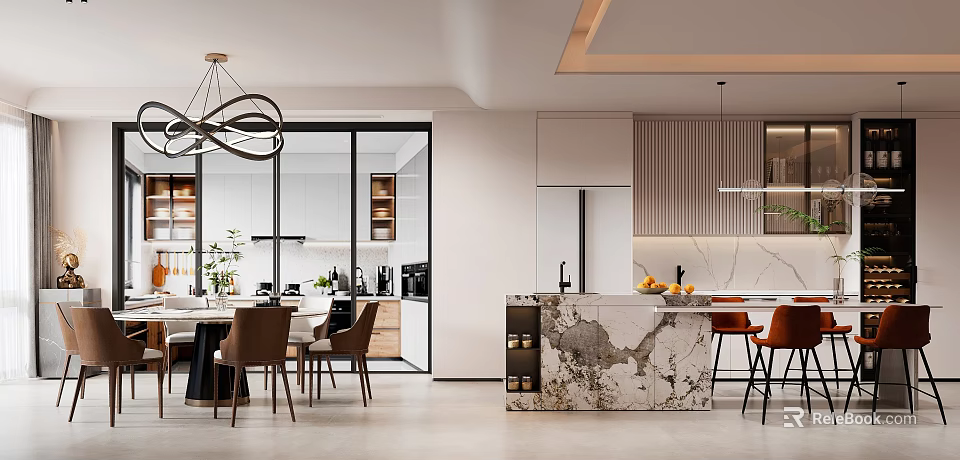 Modern Restaurant Interior With Open Layout Marble Island And Pendant Lights 3d model