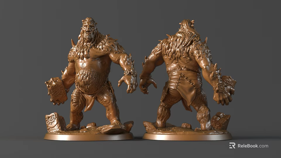 Detailed Orc Warrior Sculpture Golden Bronze Front Back View Muscular Body Weapon Shield Base Stand 3d model 