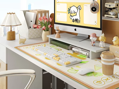 Public Office Area Workspace With Computer Keyboard Desk Lamp Coffee Cup And Decorative Figurines 3d model