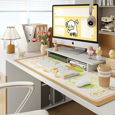 Public Office Area Workspace With Computer Keyboard Desk Lamp Coffee Cup And Decorative Figurines 3d model