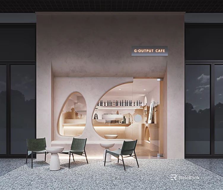 Modern Cafe Facade Design With Curved Entrance Outdoor Green Chairs White Tables And Bar Counter 3d model 