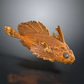 Wooden Brown Fish Carving Featuring Large Eyes Leaf Like Fins and Unique Design