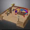 Children's Playground Sandpit Area With Wooden Bench Colorful Rings Black Tires And Climbing Structures
