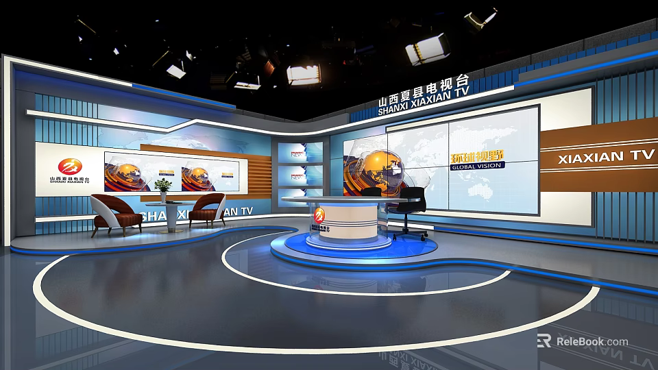 Professional TV Studio Setup With Large Screens Anchor Desk And Lighting 3d model