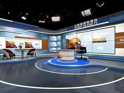 Professional TV Studio Setup With Large Screens Anchor Desk And Lighting 3d model