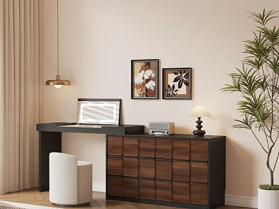 Modern Wooden Dresser With Drawers Wall Art Table Lamp And Green Plant Chair 3d model