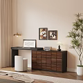 Modern Wooden Dresser With Drawers Wall Art Table Lamp And Green Plant Chair