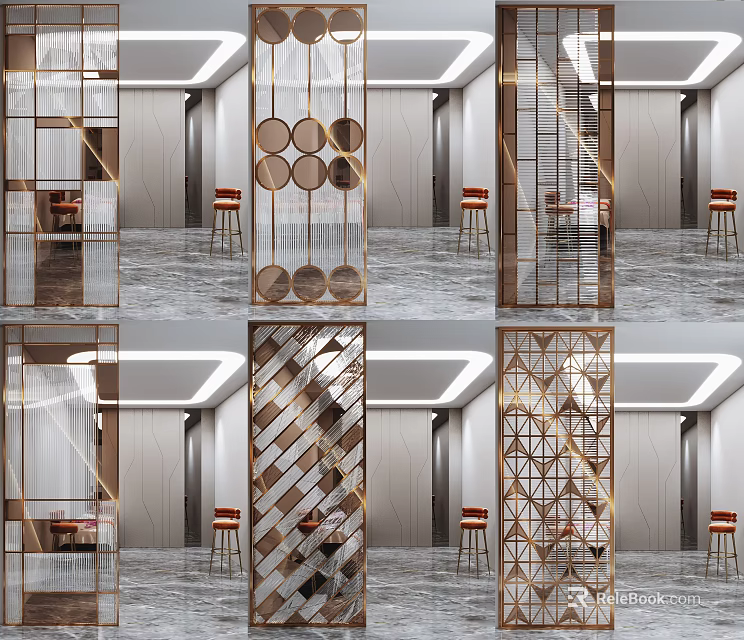 Modern Room Dividers With Geometric Metal Frames And Glass Panels 3d model